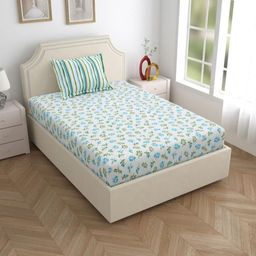 Salona Bichona Green & White Floral 120 TC Single Bedsheet with 1 Pillow Covers-image-40