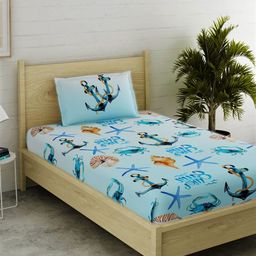 EverHOME Turquoise Blue & Yellow Conversational 152 TC Cotton 1 Single Bedsheet with 1 Pillow Covers-image-21