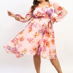 Berrylush Curve Women Floral Printed Puff Sleeve Chiffon Wrap Dress-image-51