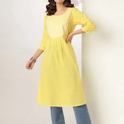 Janasya Women Yellow Pure Cotton Yoke Embroidered A-line Kurta-picture-56
