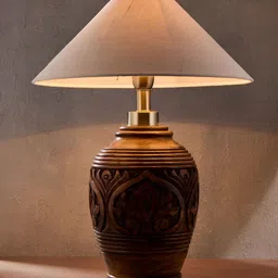 Fabindia Mehraab Beige & Brown Textured Wooden Frusturical Shaped Table Lamp-36