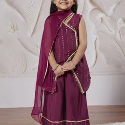 VASTRAMAY Girls Geometric Printed Angrakha Sequinned Kurta With Palazzo With Dupatta-picture-0