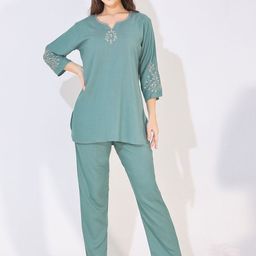 Arela Floral Embroidered Notched Round Neck Linen Tunic With Trousers-image-31