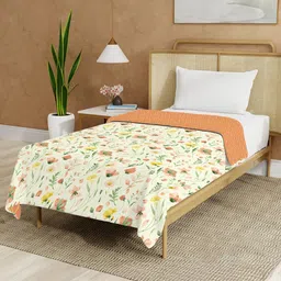 URBAN SPACE Cream-Coloured & Green Floral Malmal Cotton 90 GSM AC Room Single Bed Dohar-62