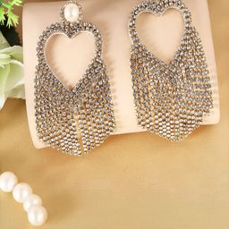 IIK COLLECTION Silver Gold-Plated Artificial Stones Studded Heart Shaped Drop Earrings-5