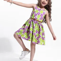 Hola Bonita Girls Floral Printed Belted Detail Fit & Flare Dress-image-85