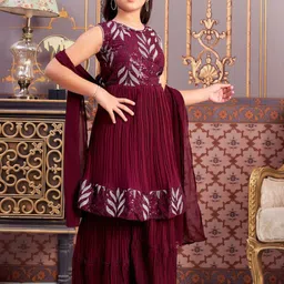 BAESD Girls Floral Embroidered Sequinned Georgette Kurti with Palazzos & Dupatta-picture-28