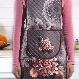 Kuber Industries Grey & Brown Floral-Printed Velvet Quilted Chef Apron With Pocket-28