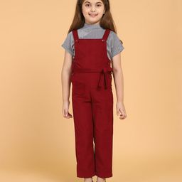 Piccolo Striped Half Sleeves Tee With Dungaree - Maroon-image-65