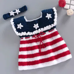 USHA ENTERPRISES Short Sleeves Striped Crochet Dress With Headband - Red-picture-40
