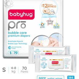 Babyhug Pro Bubble care premium Pant Style Diaper Small - 70 Pieces & Babyhug Advanced 99% Water Wipes-72 pieces - (Pack of 2)-12