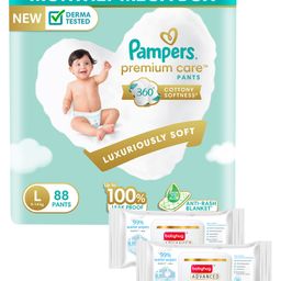 Pampers Premium Care Pants, Large size baby diapers (L), 88 Count, Softest ever Pampers pants & Babyhug Advanced 99 Water Wipes - 72 pieces - (Pack of 2)-17