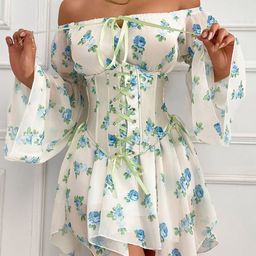 bebe Floral Print Off-Shoulder Puff Sleeve Fit & Flare Dress-image-54