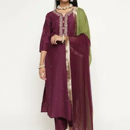 OLECUTE Women Ethnic Motifs Embroidered Kurta with Trousers & With Dupatta-image-95