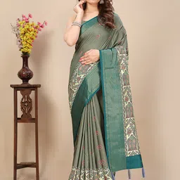 SSHAGUN LIFESTYLE Grey Floral Print Hand Batik Cotton Silk Saree-picture-1
