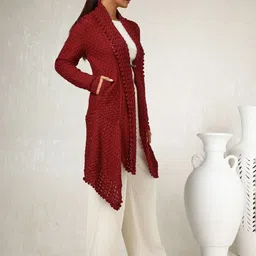 Soch Maroon Self Design Acrylic Longline Open Front Shrug image 2