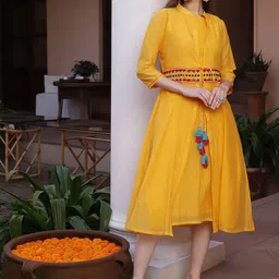KALINI Mandarin Collar Chanderi Silk Fit and Flare Ethnic Dress-image-14