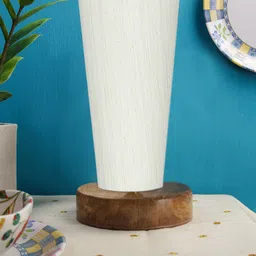 Devansh Off White Cotton Cylinder Table Lamps With White Round Wood Base-44