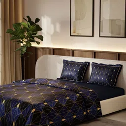 Stoa Paris Lumiere Blue & Black 4 Pieces Geometric Printed Satin Double King Bedding Set-36