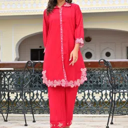 AUTUMN LANE Hardik Vermi Embroidery Shirt Collar Pure Cotton Tunic With Trousers Co-Ords-picture-7