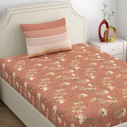 Dreamscape Brown Floral 140 TC Single Bedsheet with 1 Pillow Covers-image-109