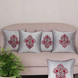 ZEBA Silver Toned & Pink 5 Pieces Ethnic Motifs Embroidered Square Cushion Covers-image-70