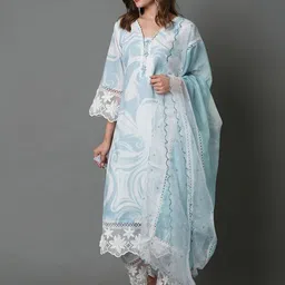 DIVASTRI Women Floral Printed Regular Beads and Stones Pure Cotton Kurta with Trousers & With Dupatta-picture-0
