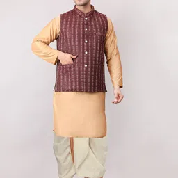 ADARNIYA Mandarin Collar Kurta With Dhoti Pants And Nehru Jacket-image-2
