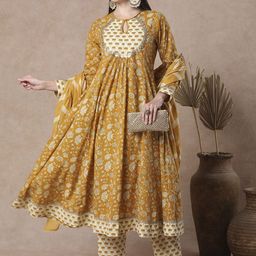 FASHOR Ethnic Motifs Printed Keyhole Neck Pure Cotton Kurta with Trousers & Dupatta-4