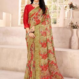 Mitera Floral Zari Poly Chiffon Bagru Saree-6