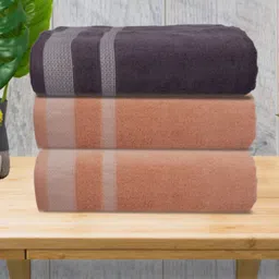 Aura Peach-Coloured & Grey 3 Striped Cotton 400 GSM Bath Towel-image-87