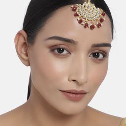 I Jewels Gold-Plated & Maroon Kundan & Pearl Studded Handcrafted Maang Tika-52