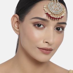 I Jewels Gold-Plated & Maroon Kundan & Pearl Studded Handcrafted Maang Tika-image-84