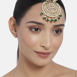 I Jewels Green & White Gold-Plated Kundan-Studded Handcrafted Maangtikka-image-39