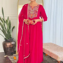 Siya Fashion Floral Embroidered Notch Neck A-Line Kurta With Trousers & Dupatta-picture-12