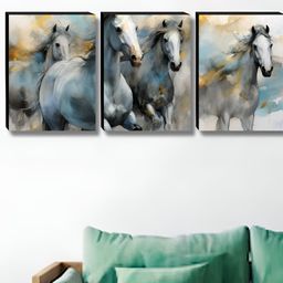 Aura Blue & Grey 3 Pieces Horse Wooden Painting Wall Art-image-89