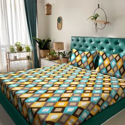 HOSTA HOMES Blue And Yellow Geometric Printed 300 TC King Bedsheet Set 2.54 m X 2.7 m-image-0
