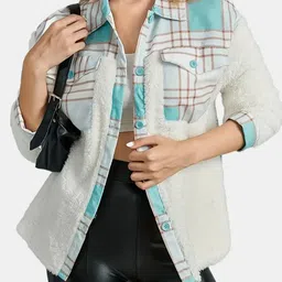 LULU & SKY Women Spread Collar Checked Casual Denim Jacket-picture-2