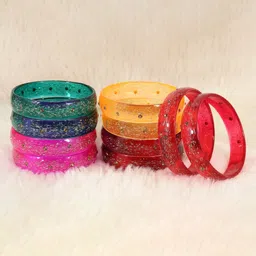 NMII Set Of 10 Glitter & Feather Printed Glass Bangles-80