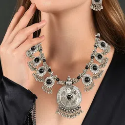 Oxidized Heaven Silver-Plated Stone-Studded Necklace and Earrings-picture-2