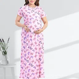 MomsBae Women Maternity Butterfly Printed Maxi Pure Cotton Nightdress-image-98