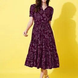 Femvy Ethnic Motifs Printed Fit And Flare Tiered Dress-image-8