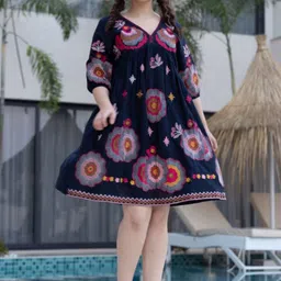 Zolo Label Women Black Cotton Dress with Embroidered Bodice & Elbow-Length Sleeves-image-37