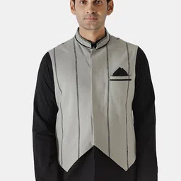 KISAH Men Grey Striped Nehru Jacket-15