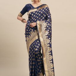 Mitera Navy Blue & Gold-Toned Silk Blend Woven Design Kanjeevaram Saree-image-10