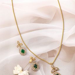 Rubans 22K Gold-Plated Emerald Green and White CubicZirconia Studded Pendant Jewellery Set-15