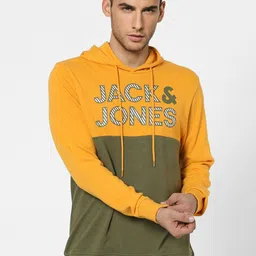 Jack & Jones Men Mustard Yellow Colourblocked Hooded Sweatshirt With Printed Detailing-image-49