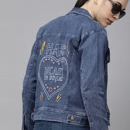 VOXATI Women Blue Typography Embroidered Denim Jacket-image-62