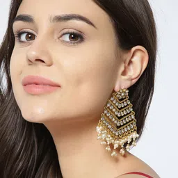 PANASH Gold-Toned & Off-White Gold-Plated Kundan Classic Drop Earrings-image-70