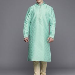 Manyavar Men Green & Beige Woven Design Jacquard Kurta with Churidar-image-28